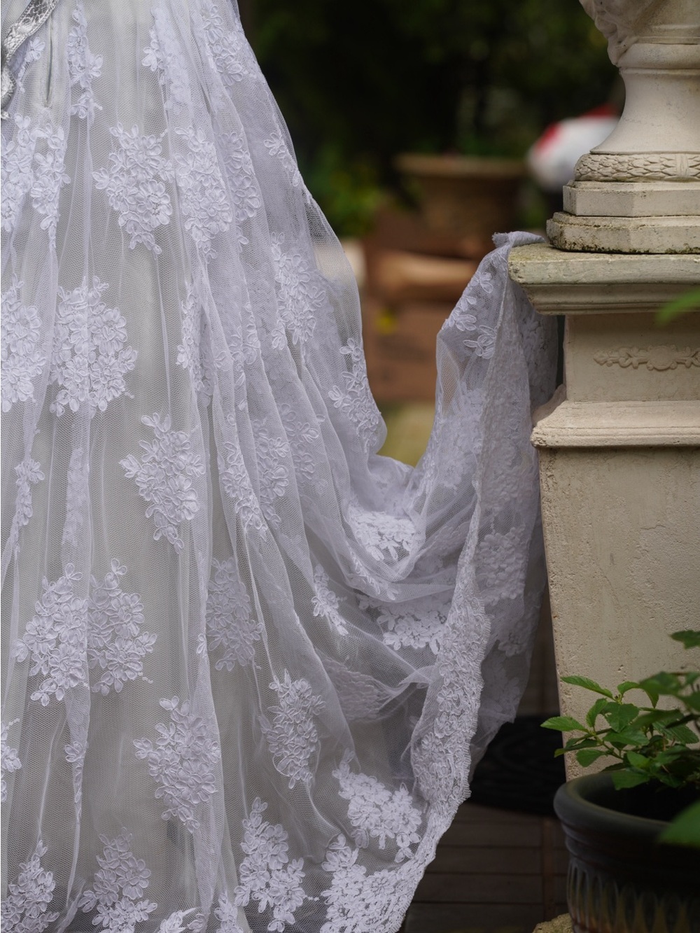 Vintage Ivory & Sage Lace Floral Appliqué Gown | Romantic Off-Shoulder Wedding - Picture 14 of 16
